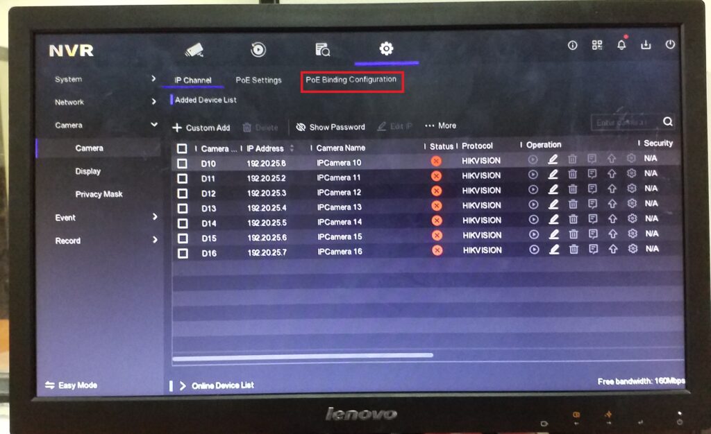 Accessing the Hikvision NVR PoE Binding configuration for enabling and disabling channel PoE binding to enable PoE Extension.